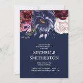 Invitation Elégant Burgundy Navy Blue Floral 80e anniversaire (Devant)
