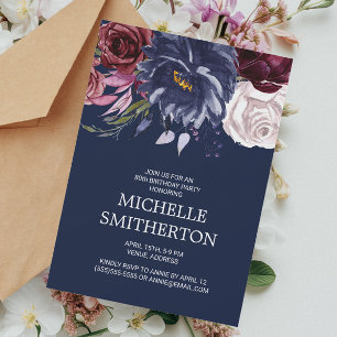 Invitation Elégant Burgundy Navy Blue Floral 80e anniversaire
