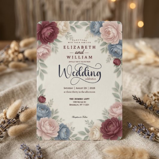 Invitation Elegant Burgundy Peonies Roses  QR Code Wedding