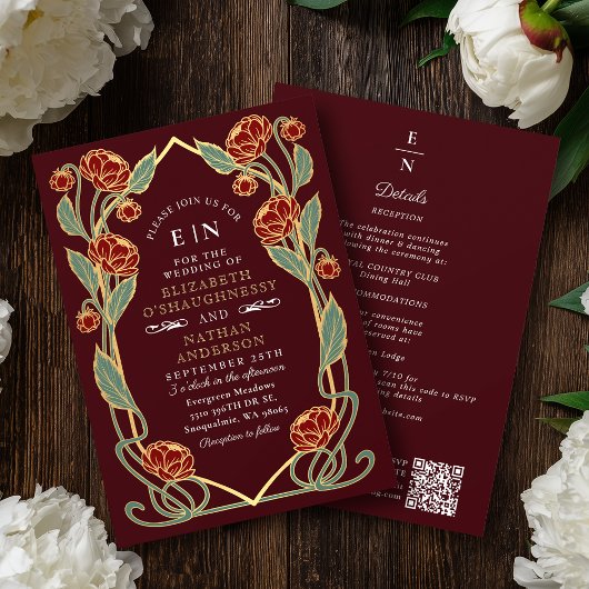 Invitation Elegant Burgundy Peony Art Nouveau QR Code Wedding