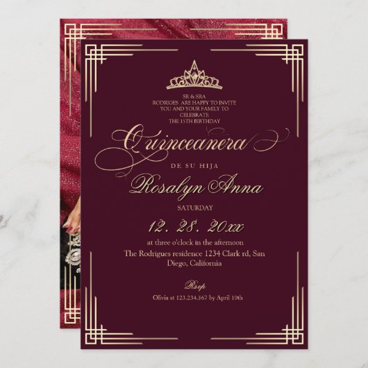 Invitation Elegant Burgundy Princess Quinceañera (Devant / Derrière)