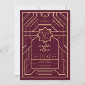 Invitation Elégant Burgundy Retro Art Déco Gold QR Code Photo (Devant)