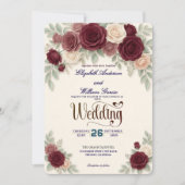 Invitation Elegant Burgundy Rose All In One QR Code Wedding (Devant)
