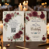 Invitation Elegant Burgundy Rose All In One QR Code Wedding