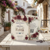 Invitation Elegant Burgundy Rose All In One QR Code Wedding