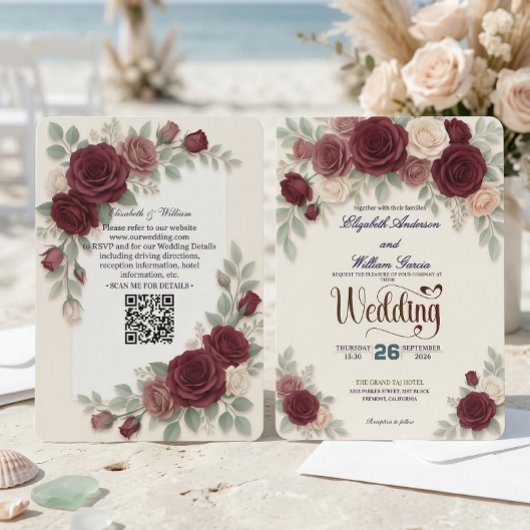 Invitation Elegant Burgundy Rose All In One QR Code Wedding
