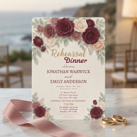 Invitation Elegant Burgundy Rose Chic Rehearsal Dinner