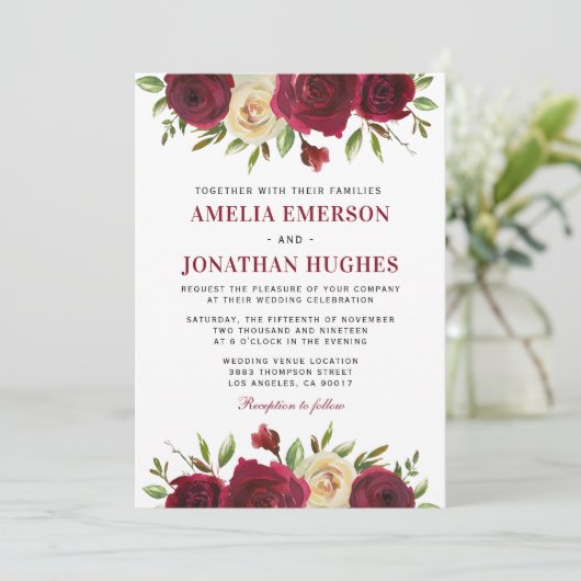 Invitation Élégant Burgundy Rouge Floral Automne Mariage d'hi (Debout devant)