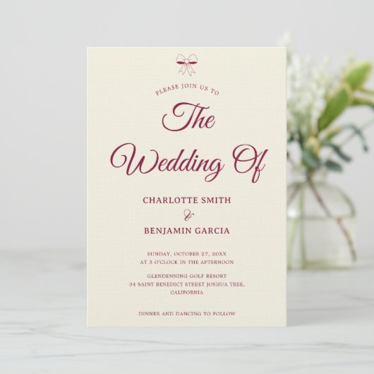 Invitation Elegant Burgundy Script Cream Ivory Bow Wedding (Debout devant)
