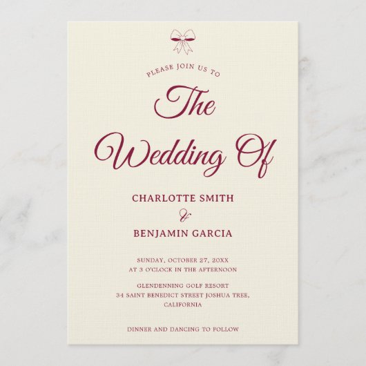 Invitation Elegant Burgundy Script Cream Ivory Bow Wedding (Devant)