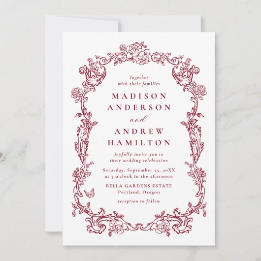 Invitation Elegant Burgundy Victorian Floral Frame Wedding (Devant)