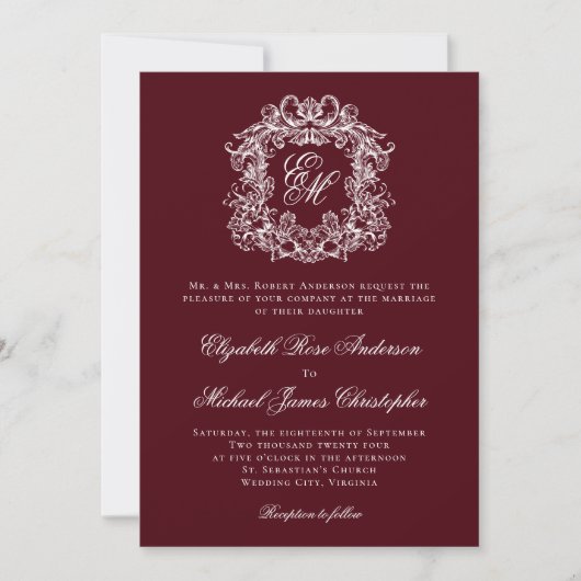 Invitation Elegant Burgundy Vintage Crest Monogram Wedding (Devant)