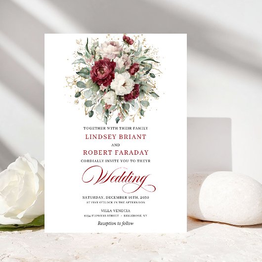 Invitation Elegant Burgundy White Floral Gold Wedding Invite