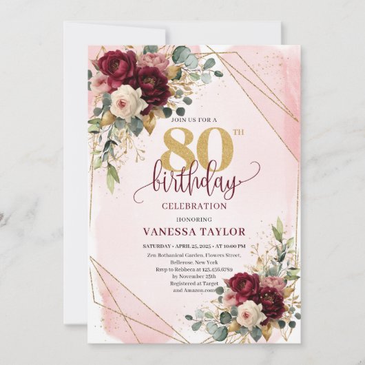 Invitation Elégant Burgundy White Gold Roses 80e anniversaire (Devant)