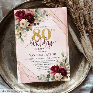 Invitation Elégant Burgundy White Gold Roses 80e anniversaire
