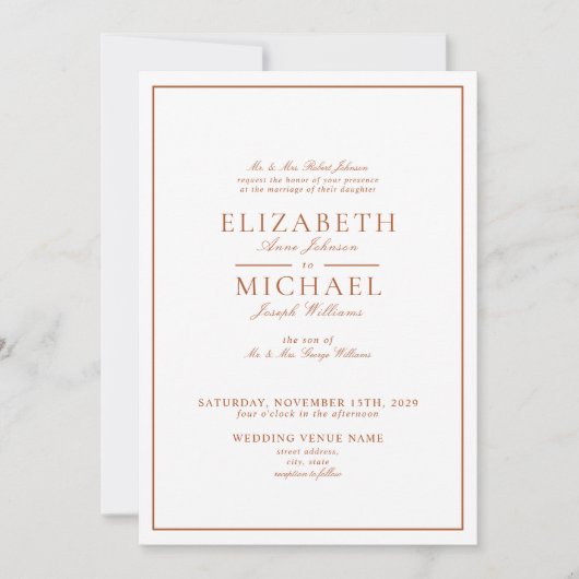 Invitation Élégant Burnt Orange Classic Script Mariage (Devant)