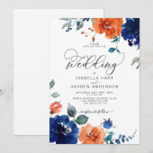 Invitation Élégant Burnt Orange Navy rouille Mariage floral (Devant / Derrière)