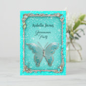 Invitation élégant Butterfly classe luxe turquoise argent (Debout devant)