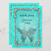 Invitation élégant Butterfly classe luxe turquoise argent (Devant / Derrière)