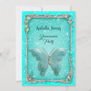 Invitation élégant Butterfly classe luxe turquoise argent