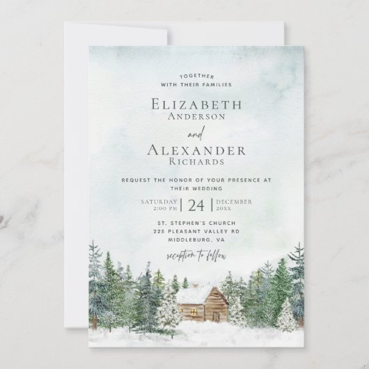 Invitation Élégant Cabine forestier Pine Trees Mariage d'hive (Devant)