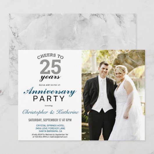 Invitation Élégant Cadeau de Mariage Argent pour les 25 Ans d (Devant / Derrière)