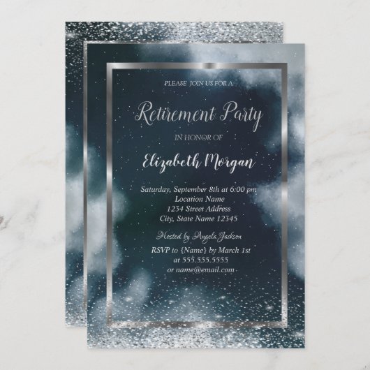Invitation Elégant cadre Argent Confetti Night Sky Retraite (Devant / Derrière)