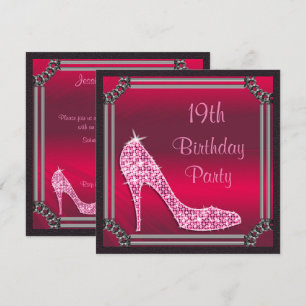 Invitation Élégant cadre argent rose Stiletto 19e Anniversair