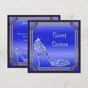Invitation Élégant cadre argenté stiletto bleu Sweet 16