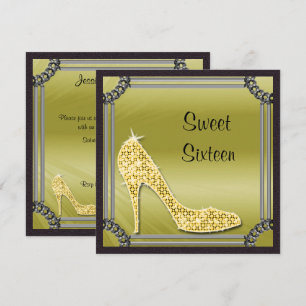 Invitation Élégant cadre argenté stiletto doré Sweet 16