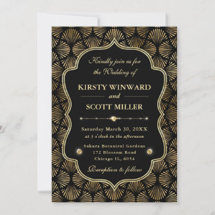 Invitation Élégant cadre Art Déco éventail or mariage