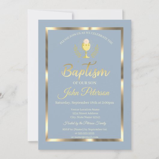 Invitation Elégant cadre Baptême Dusty Bleu (Devant)