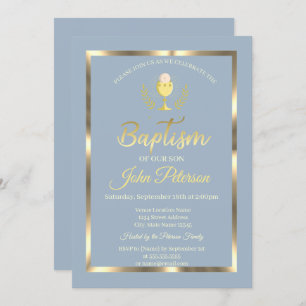 Invitation Elégant cadre Baptême Dusty Bleu