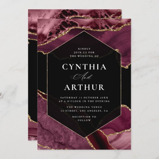Invitation élégant cadre bordeaux et or agate mariage (Devant / Derrière)