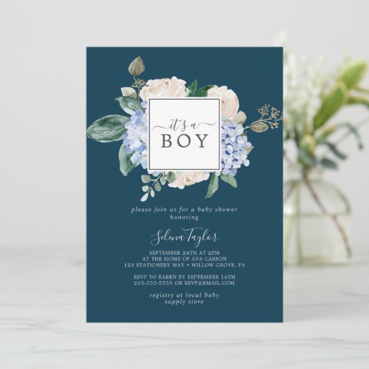 Invitation Elégant cadre Carré Blue Hydrangea C'est un garçon (Debout devant)