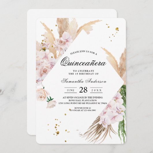 Invitation Elégant cadre de beauté Orchidées & Pampas (Devant / Derrière)