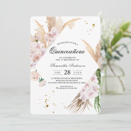 Invitation Elégant cadre de beauté Orchidées & Pampas (Debout devant)