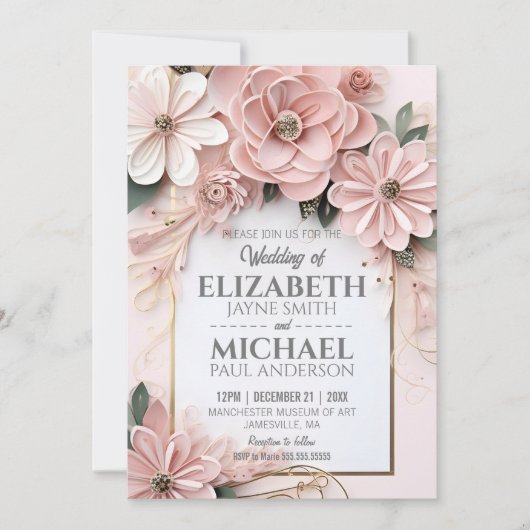 Invitation Elégant cadre de découpage papier Mariage floral P (Devant)