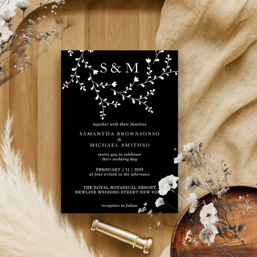 Invitation Elégant cadre de Monogramme Floral en Blanc Noir