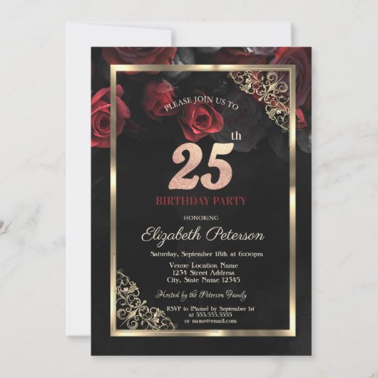 Invitation Elégant cadre de roses rouges Noir 25e anniversair (Devant)