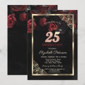 Invitation Elégant cadre de roses rouges Noir 25e anniversair (Devant / Derrière)