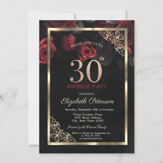Invitation Elégant cadre de roses rouges Noir 30e anniversair (Devant)