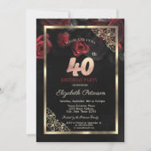 Invitation Elégant cadre de roses rouges Noir 40e anniversair (Devant)