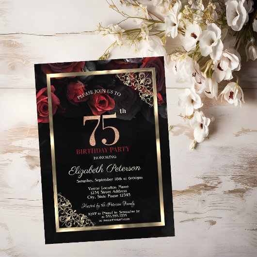 Invitation Elégant cadre de roses rouges Noir 75e anniversair