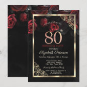 Invitation Elégant cadre de roses rouges Noir 80e anniversair (Devant / Derrière)