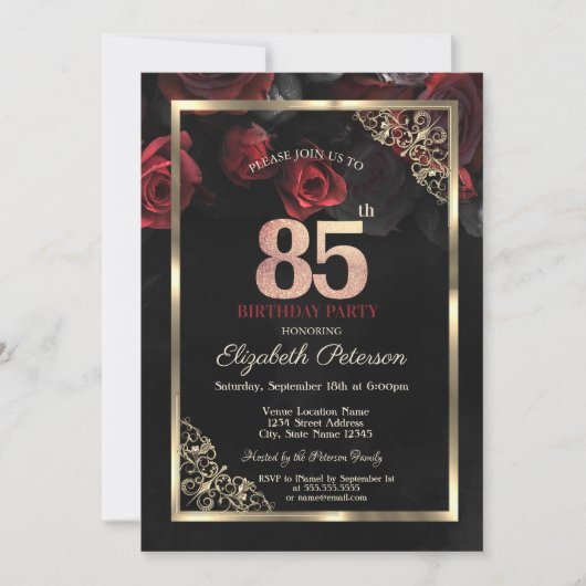 Invitation Elégant cadre de roses rouges Noir 85e anniversair (Devant)