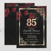 Invitation Elégant cadre de roses rouges Noir 85e anniversair (Devant / Derrière)