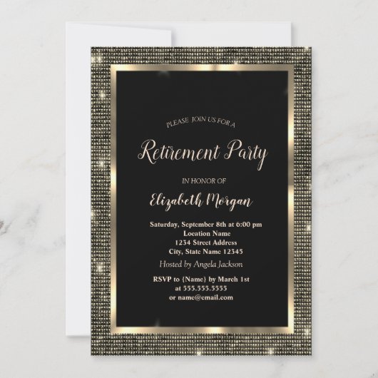 Invitation Elégant cadre de Séquins Or Black Retraite (Devant)