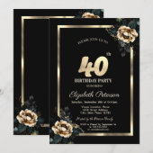 Invitation Elégant cadre d'or Flower Black 40e anniversaire (Devant / Derrière)
