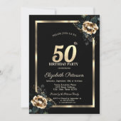 Invitation Elégant cadre d'or Flower Black 50e anniversaire (Devant)